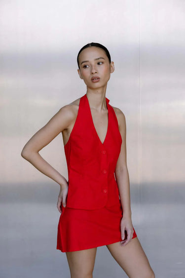 BISK THE LABEL RUE RED LINEN BLEND HALTER VEST - STUDIO JO STORE